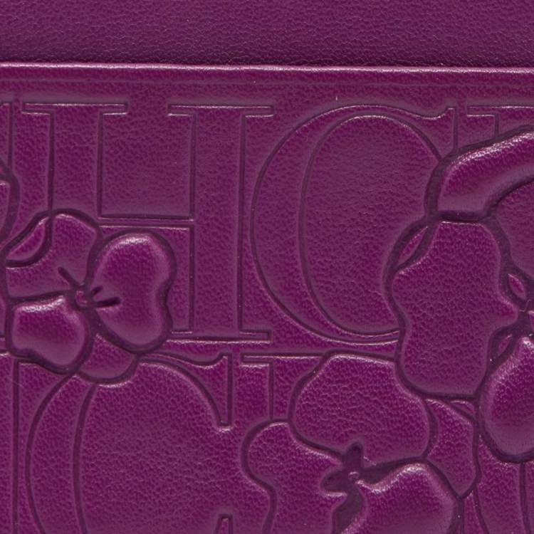 Pre Owned CH Carolina Herrera Purple Monogram Embossed Leather Card Holder