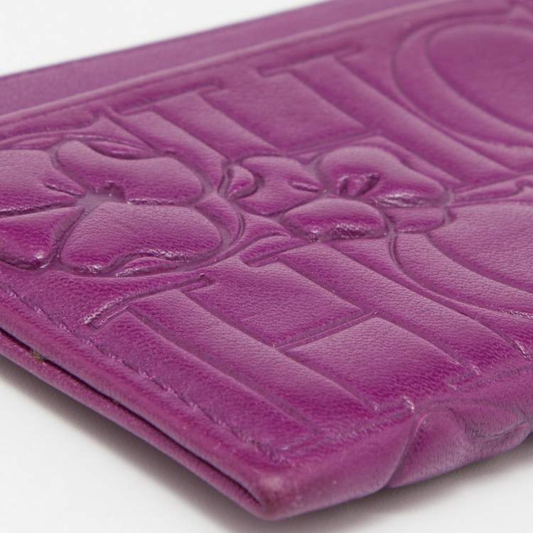 Pre Owned CH Carolina Herrera Purple Monogram Embossed Leather Card Holder