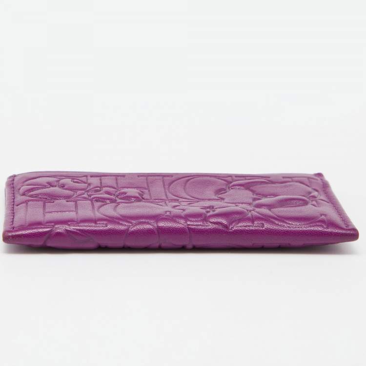 Pre Owned CH Carolina Herrera Purple Monogram Embossed Leather Card Holder