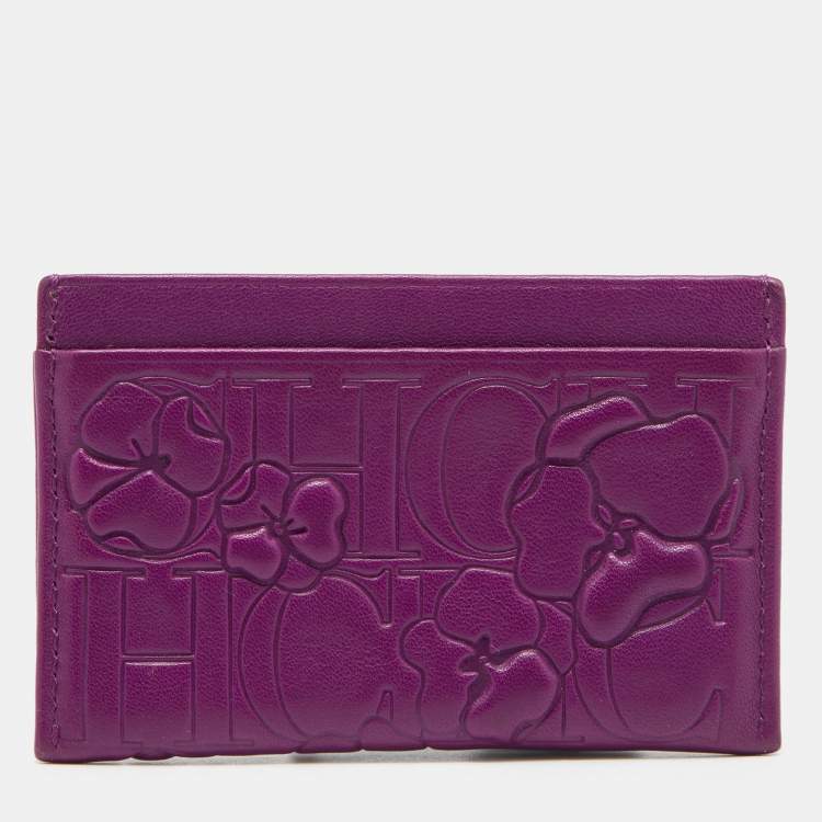 Pre Owned CH Carolina Herrera Purple Monogram Embossed Leather Card Holder