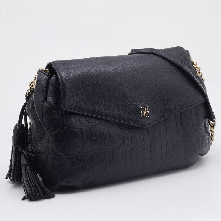 Pre Owned CH Carolina Herrera Monogram Black Embossed Leather Tassel Flap Shoulder Bag
