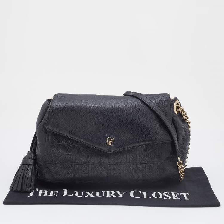Pre Owned CH Carolina Herrera Monogram Black Embossed Leather Tassel Flap Shoulder Bag