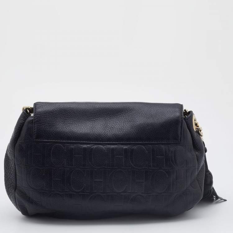 Pre Owned CH Carolina Herrera Monogram Black Embossed Leather Tassel Flap Shoulder Bag