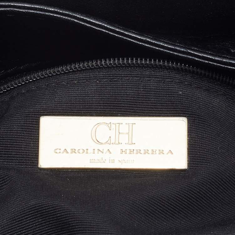Pre Owned CH Carolina Herrera Monogram Black Embossed Leather Tassel Flap Shoulder Bag