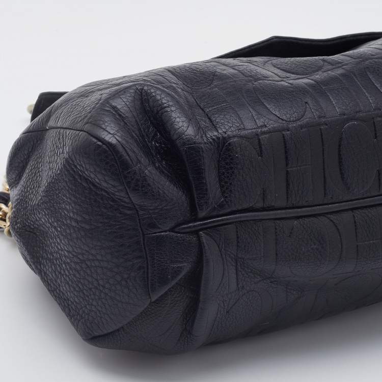 Pre Owned CH Carolina Herrera Monogram Black Embossed Leather Tassel Flap Shoulder Bag