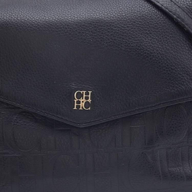Pre Owned CH Carolina Herrera Monogram Black Embossed Leather Tassel Flap Shoulder Bag
