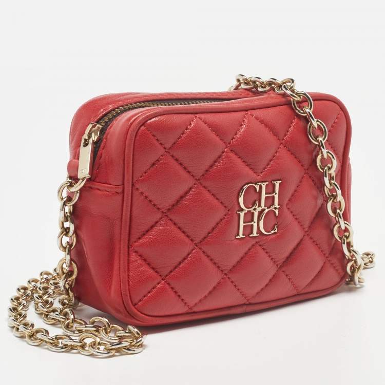 Pre Owned CH Carolina Herrera Red Quilted Leather Chain Crossbody Bag