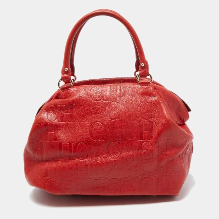 Pre Owned CH Carolina Herrera Red Monogram Leather Dome Satchel