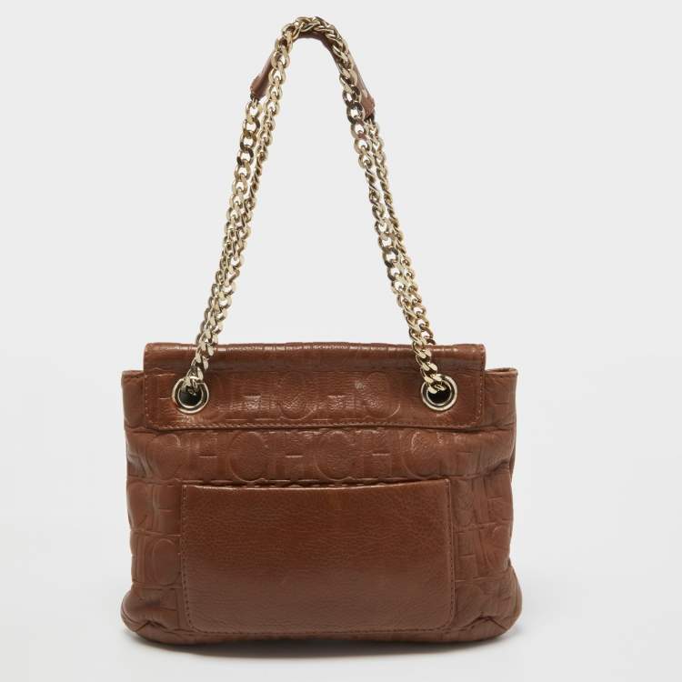 Pre Owned CH Carolina Herrera Brown Monogram Leather Audrey Shoulder Bag