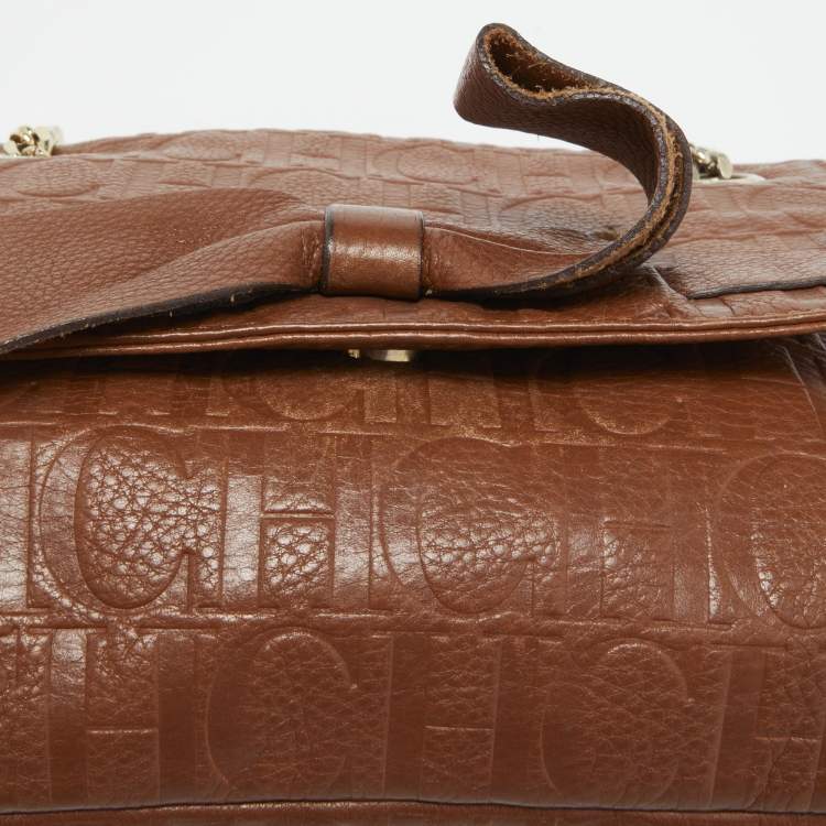 Pre Owned CH Carolina Herrera Brown Monogram Leather Audrey Shoulder Bag