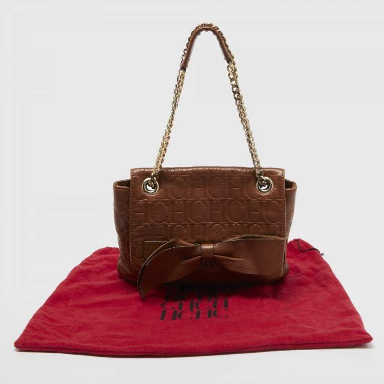 Pre Owned CH Carolina Herrera Brown Monogram Leather Audrey Shoulder Bag