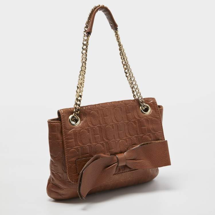 Pre Owned CH Carolina Herrera Brown Monogram Leather Audrey Shoulder Bag