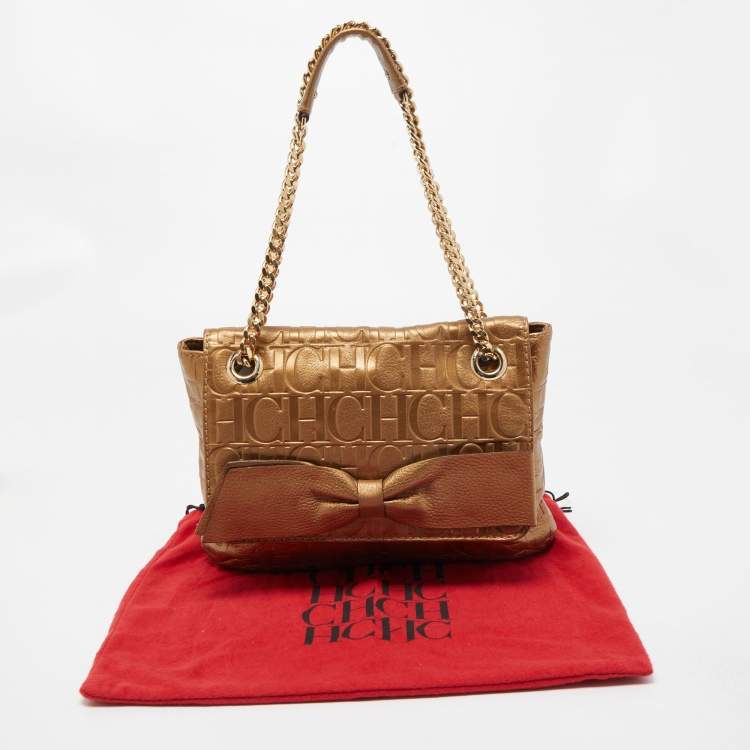 Pre Owned CH Carolina Herrera Gold Monogram Embossed Leather Audrey Shoulder Bag