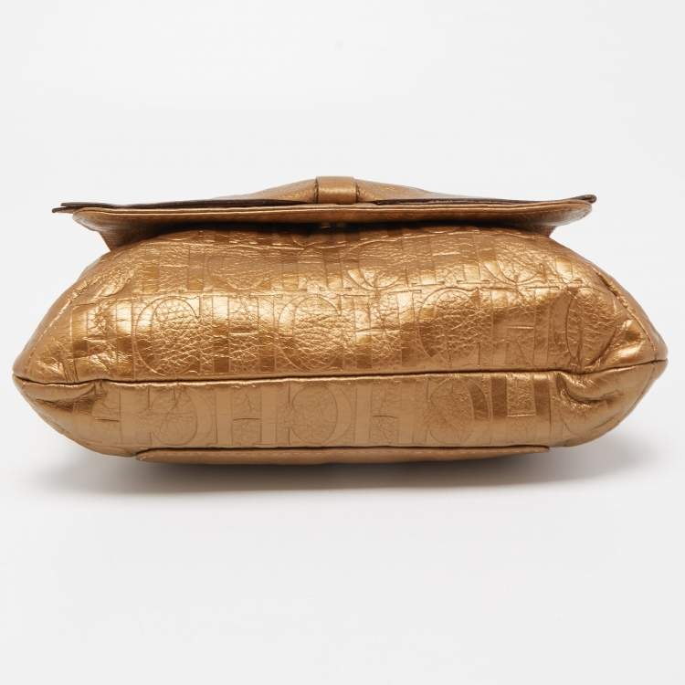 Pre Owned CH Carolina Herrera Gold Monogram Embossed Leather Audrey Shoulder Bag