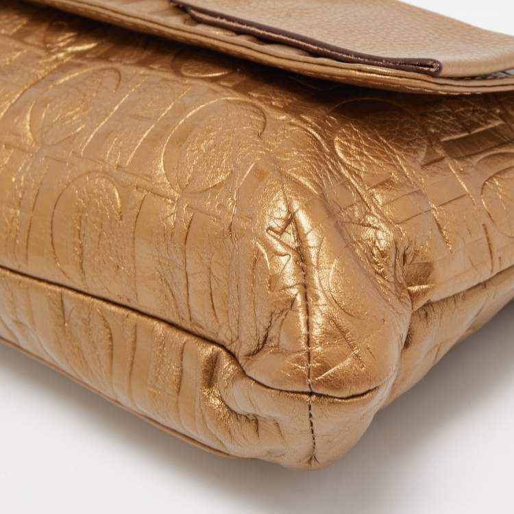 Pre Owned CH Carolina Herrera Gold Monogram Embossed Leather Audrey Shoulder Bag