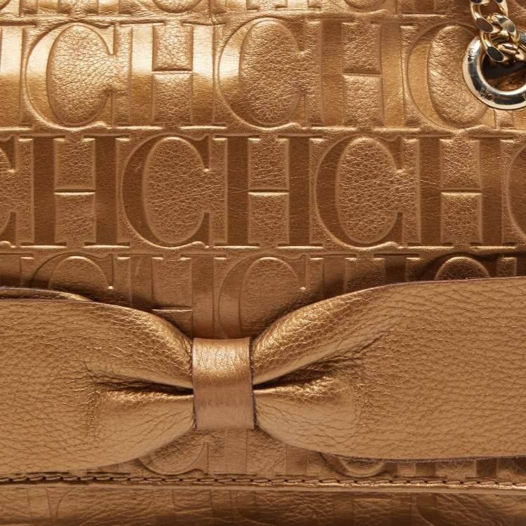 Pre Owned CH Carolina Herrera Gold Monogram Embossed Leather Audrey Shoulder Bag