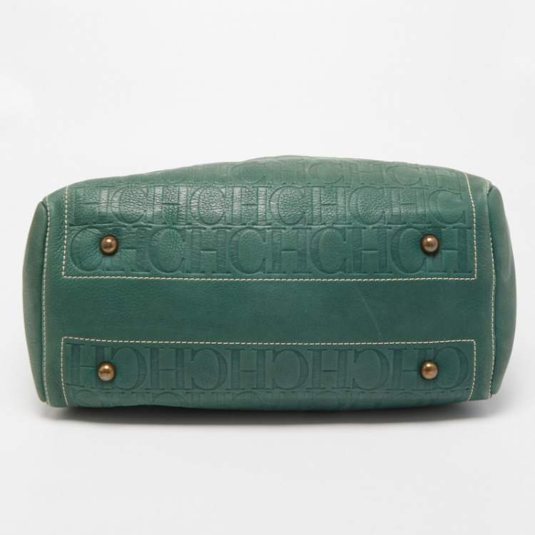Pre Owned CH Carolina Herrera Green Monogram Leather Andy Tote