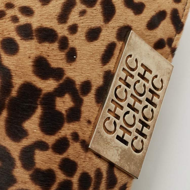 Pre Owned CH Carolina Herrera Red/Brown Leopard Print Calf Hair Tassel Shoulder Bag