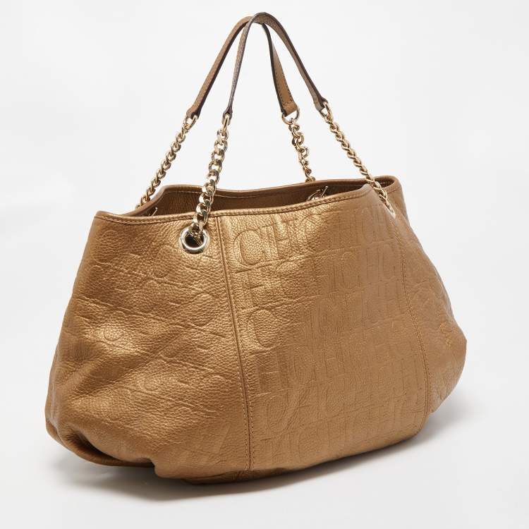 Pre Owned CH Carolina Herrera Gold Monogram Embossed Leather Dahlia Hobo