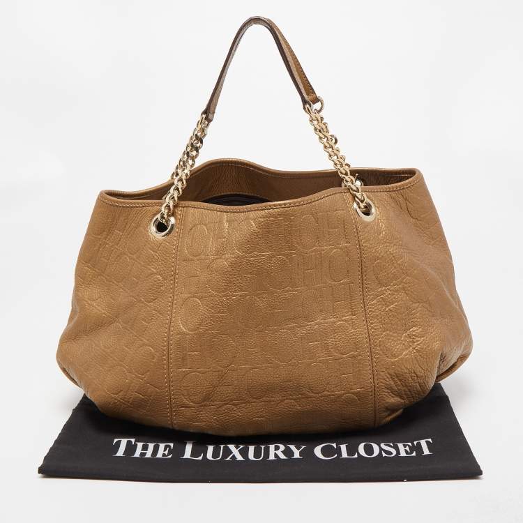Pre Owned CH Carolina Herrera Gold Monogram Embossed Leather Dahlia Hobo