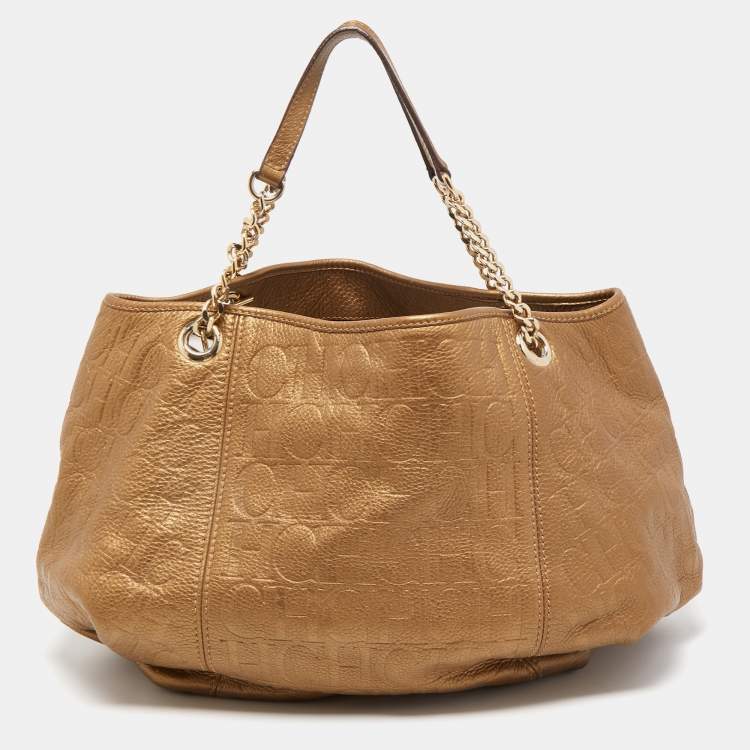 Pre Owned CH Carolina Herrera Gold Monogram Embossed Leather Dahlia Hobo