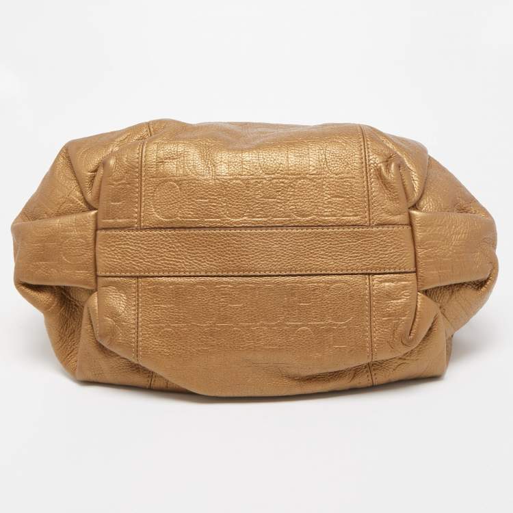 Pre Owned CH Carolina Herrera Gold Monogram Embossed Leather Dahlia Hobo