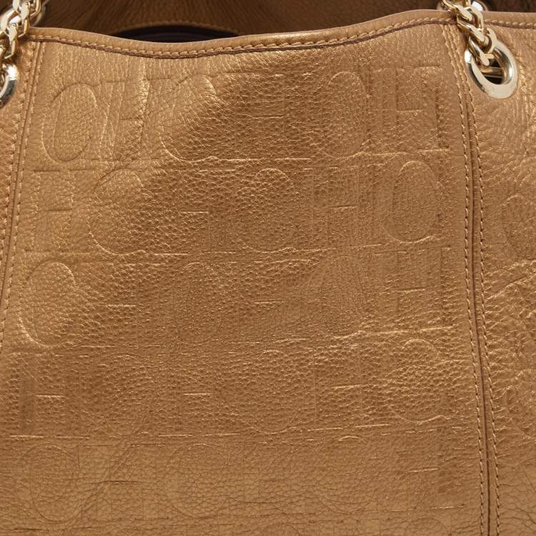 Pre Owned CH Carolina Herrera Gold Monogram Embossed Leather Dahlia Hobo