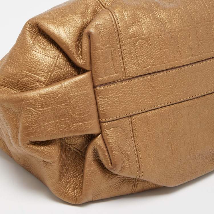 Pre Owned CH Carolina Herrera Gold Monogram Embossed Leather Dahlia Hobo
