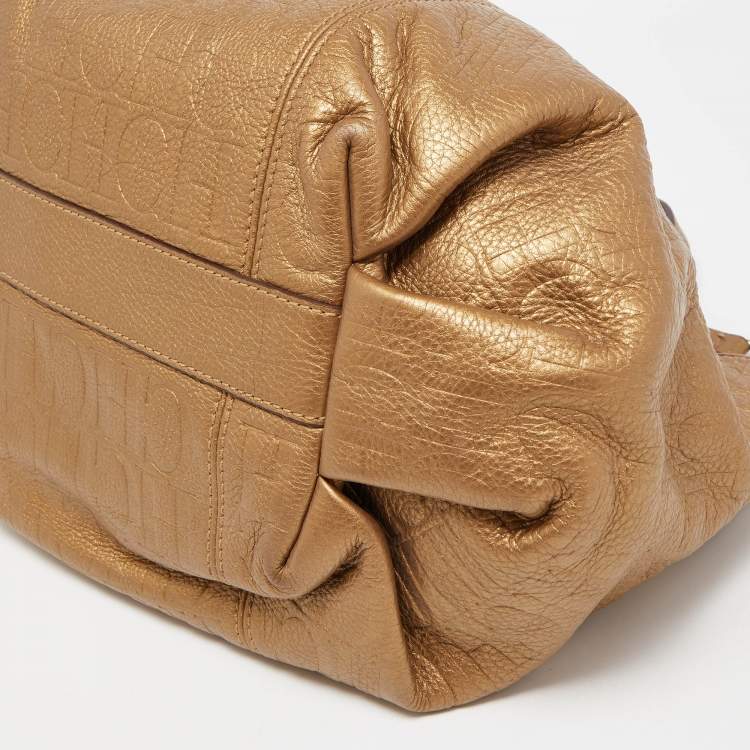 Pre Owned CH Carolina Herrera Gold Monogram Embossed Leather Dahlia Hobo