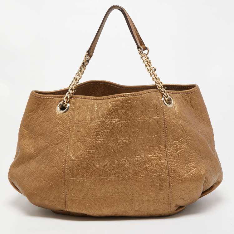 Pre Owned CH Carolina Herrera Gold Monogram Embossed Leather Dahlia Hobo