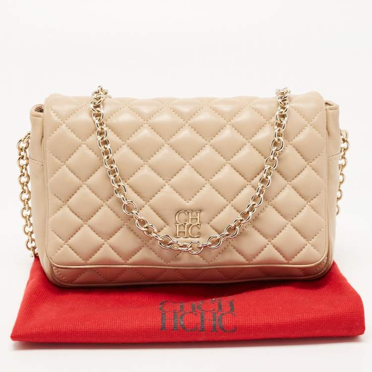 Pre Owned CH Carolina Herrera Beige Quilted Leather Chain Flap Shoulder Bag