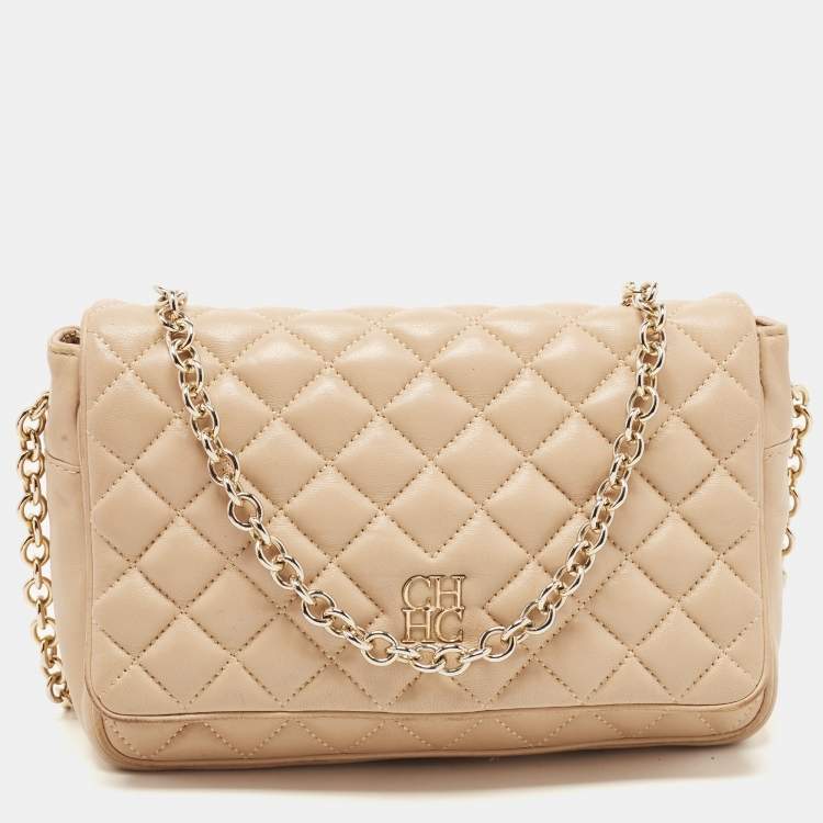 Pre Owned CH Carolina Herrera Beige Quilted Leather Chain Flap Shoulder Bag