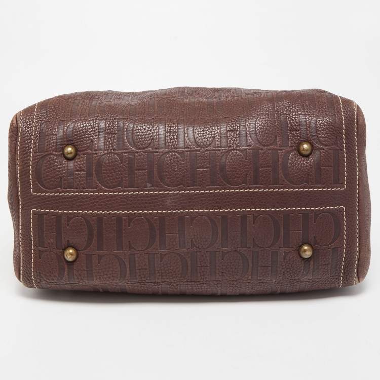 Pre Owned CH Carolina Herrera Choco Brown Monogram Leather Large Andy Boston Bag