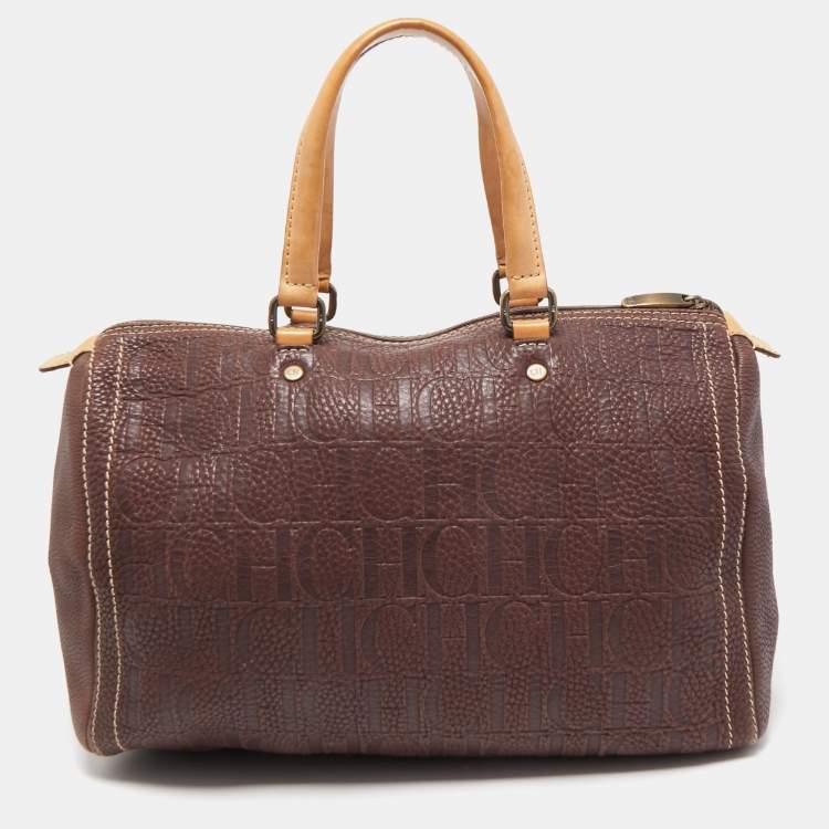 Pre Owned CH Carolina Herrera Choco Brown Monogram Leather Large Andy Boston Bag