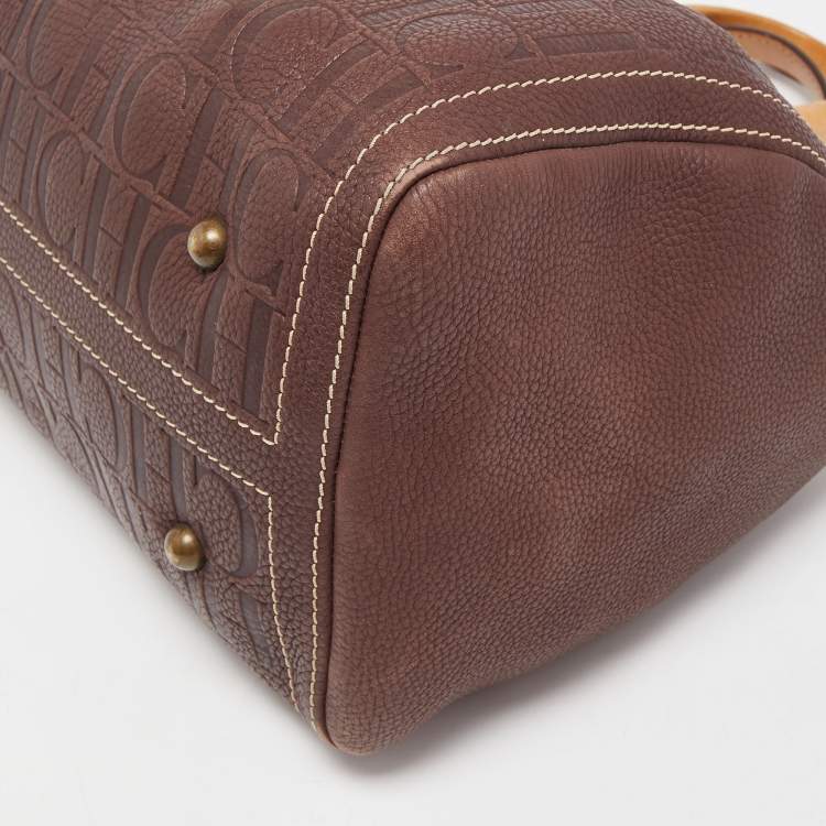Pre Owned CH Carolina Herrera Choco Brown Monogram Leather Large Andy Boston Bag