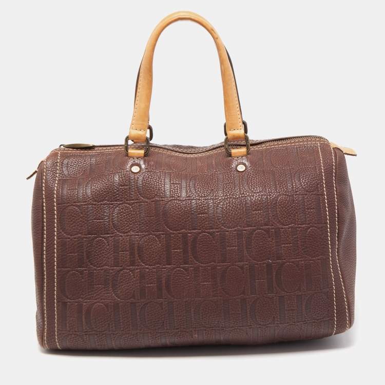 Pre Owned CH Carolina Herrera Choco Brown Monogram Leather Large Andy Boston Bag