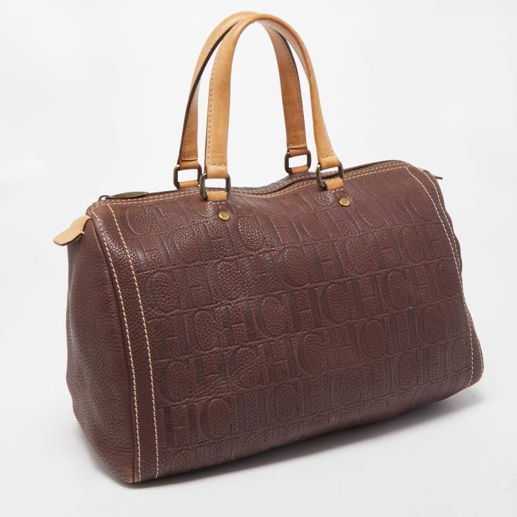 Pre Owned CH Carolina Herrera Choco Brown Monogram Leather Large Andy Boston Bag