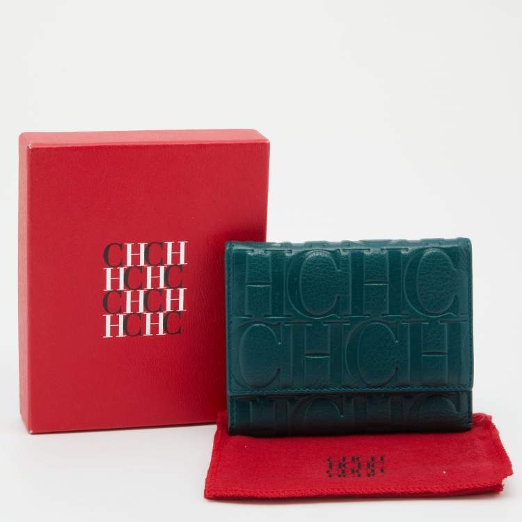 Pre Owned CH Carolina Herrera Teal Embossed Leather Trifold Compact Wallet