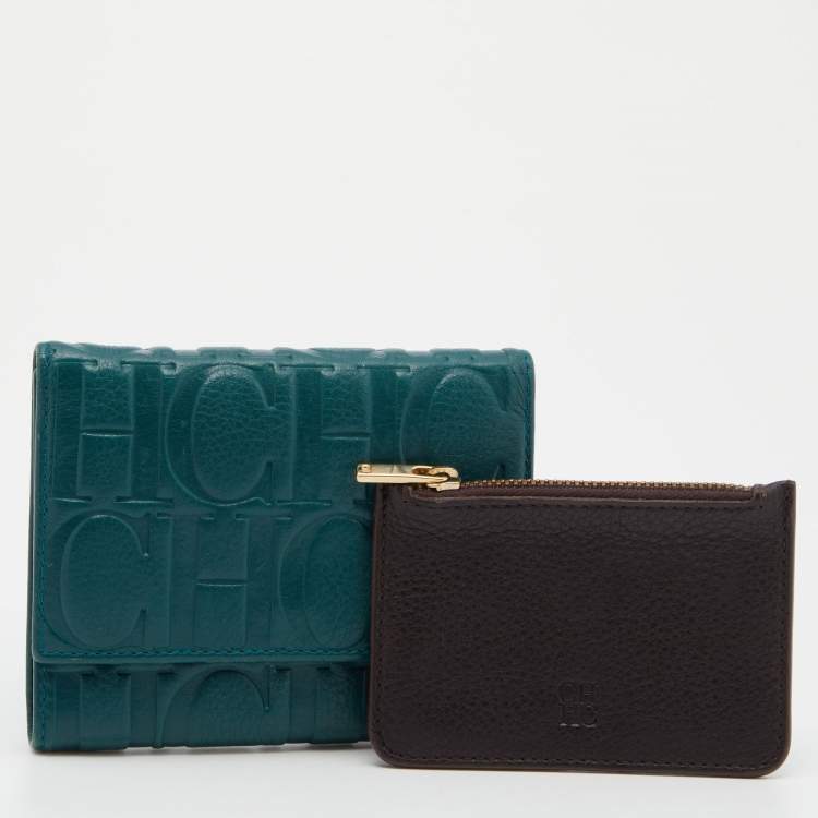 Pre Owned CH Carolina Herrera Teal Embossed Leather Trifold Compact Wallet