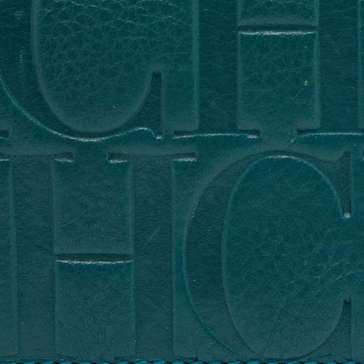 Pre Owned CH Carolina Herrera Teal Embossed Leather Trifold Compact Wallet