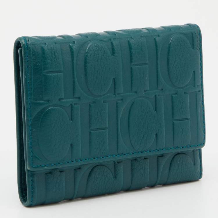 Pre Owned CH Carolina Herrera Teal Embossed Leather Trifold Compact Wallet