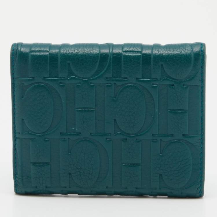 Pre Owned CH Carolina Herrera Teal Embossed Leather Trifold Compact Wallet
