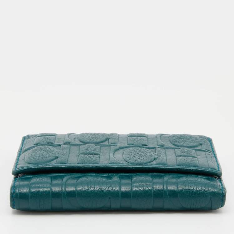 Pre Owned CH Carolina Herrera Teal Embossed Leather Trifold Compact Wallet