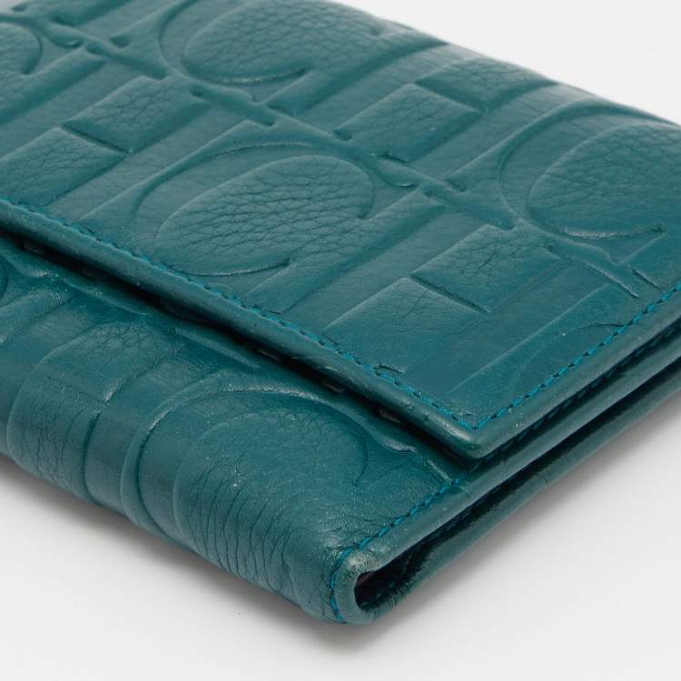 Pre Owned CH Carolina Herrera Teal Embossed Leather Trifold Compact Wallet