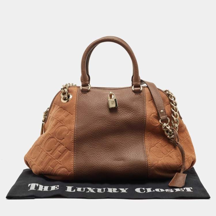 Pre Owned CH Carolina Herrera Two Tone Brown Monogram Leather Dome Satchel