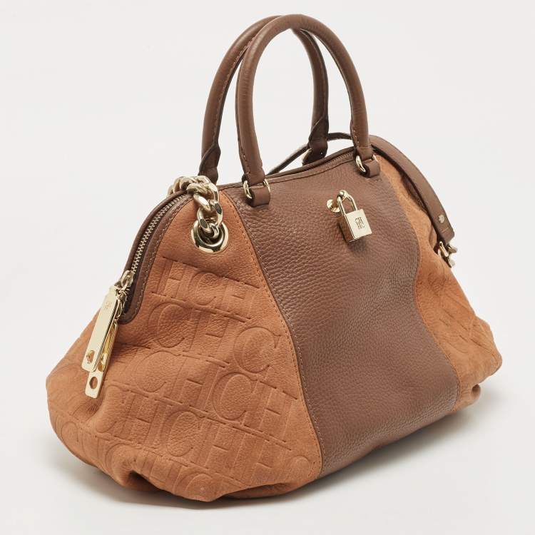 Pre Owned CH Carolina Herrera Two Tone Brown Monogram Leather Dome Satchel
