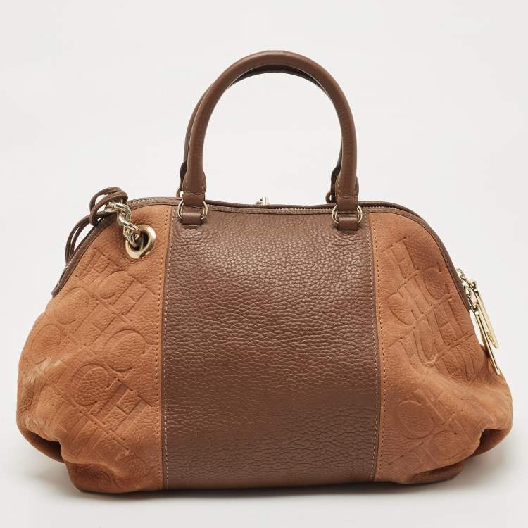Pre Owned CH Carolina Herrera Two Tone Brown Monogram Leather Dome Satchel