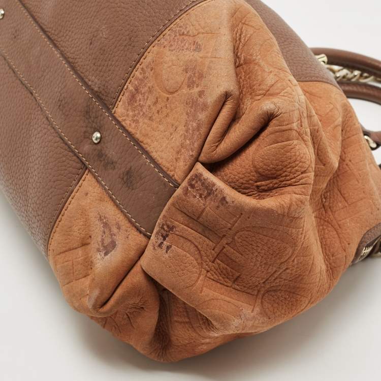 Pre Owned CH Carolina Herrera Two Tone Brown Monogram Leather Dome Satchel