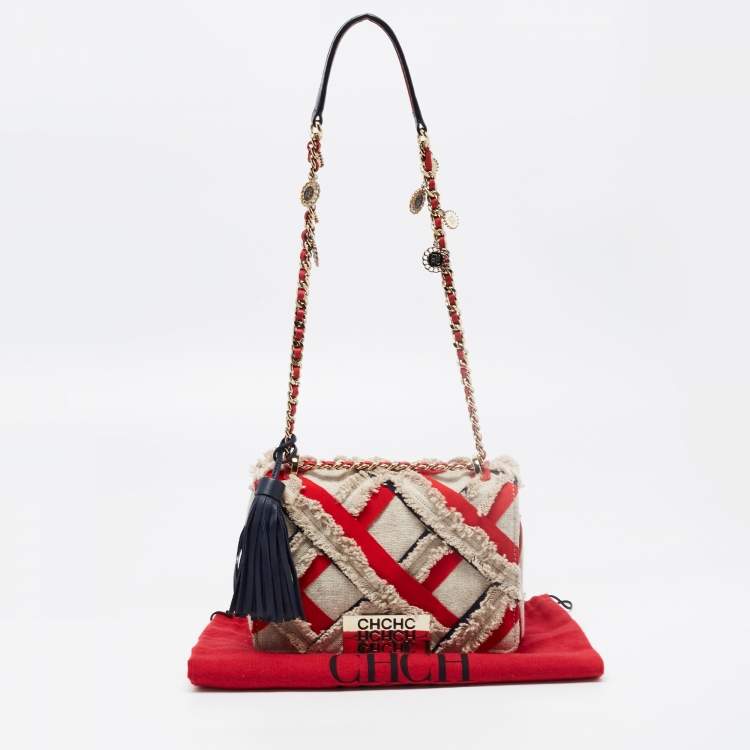 Pre Owned CH Carolina Herrera Beige/Red Tweed and Fabric Embellished Shoulder Bag