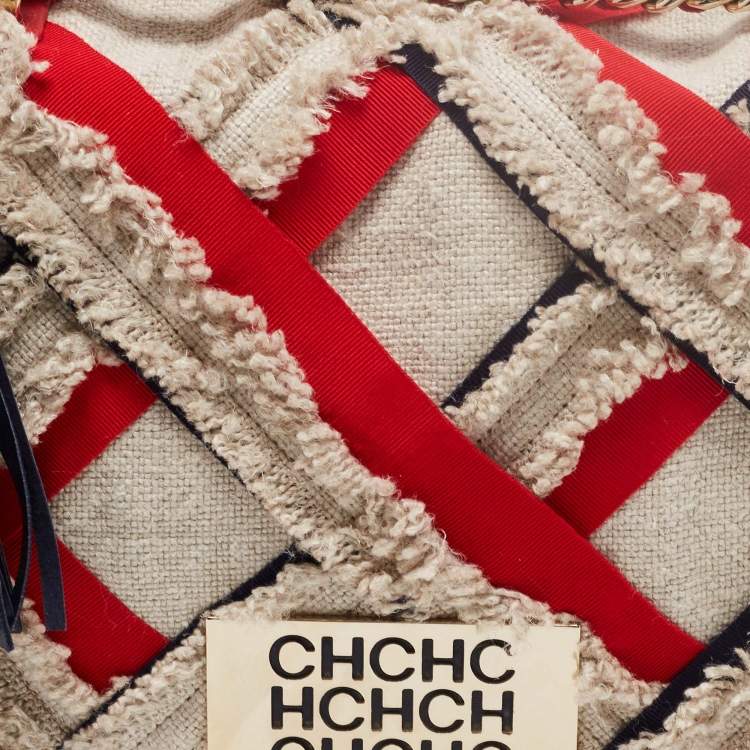 Pre Owned CH Carolina Herrera Beige/Red Tweed and Fabric Embellished Shoulder Bag
